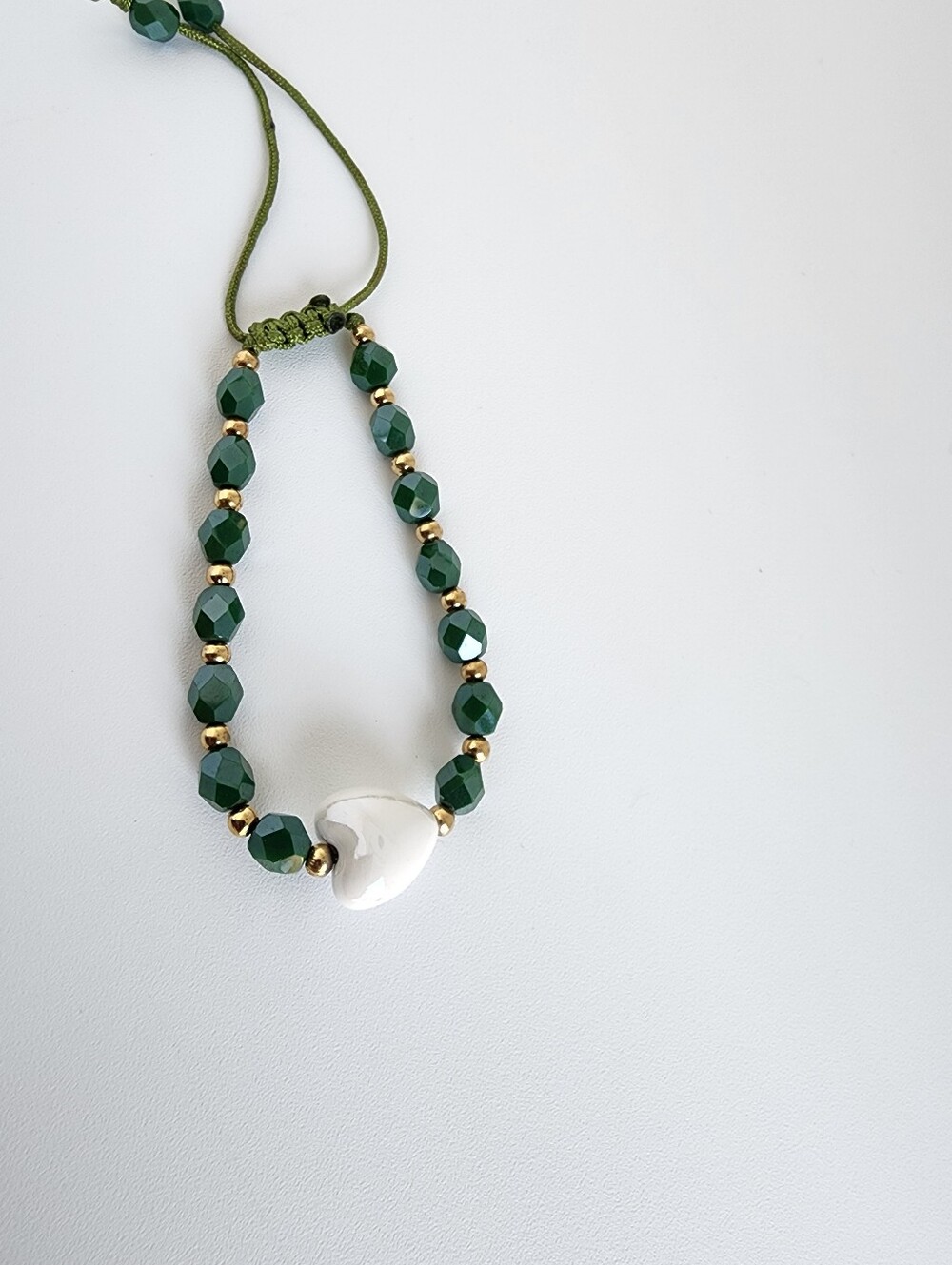 Green Beaded Bracelet with White Heart Accent